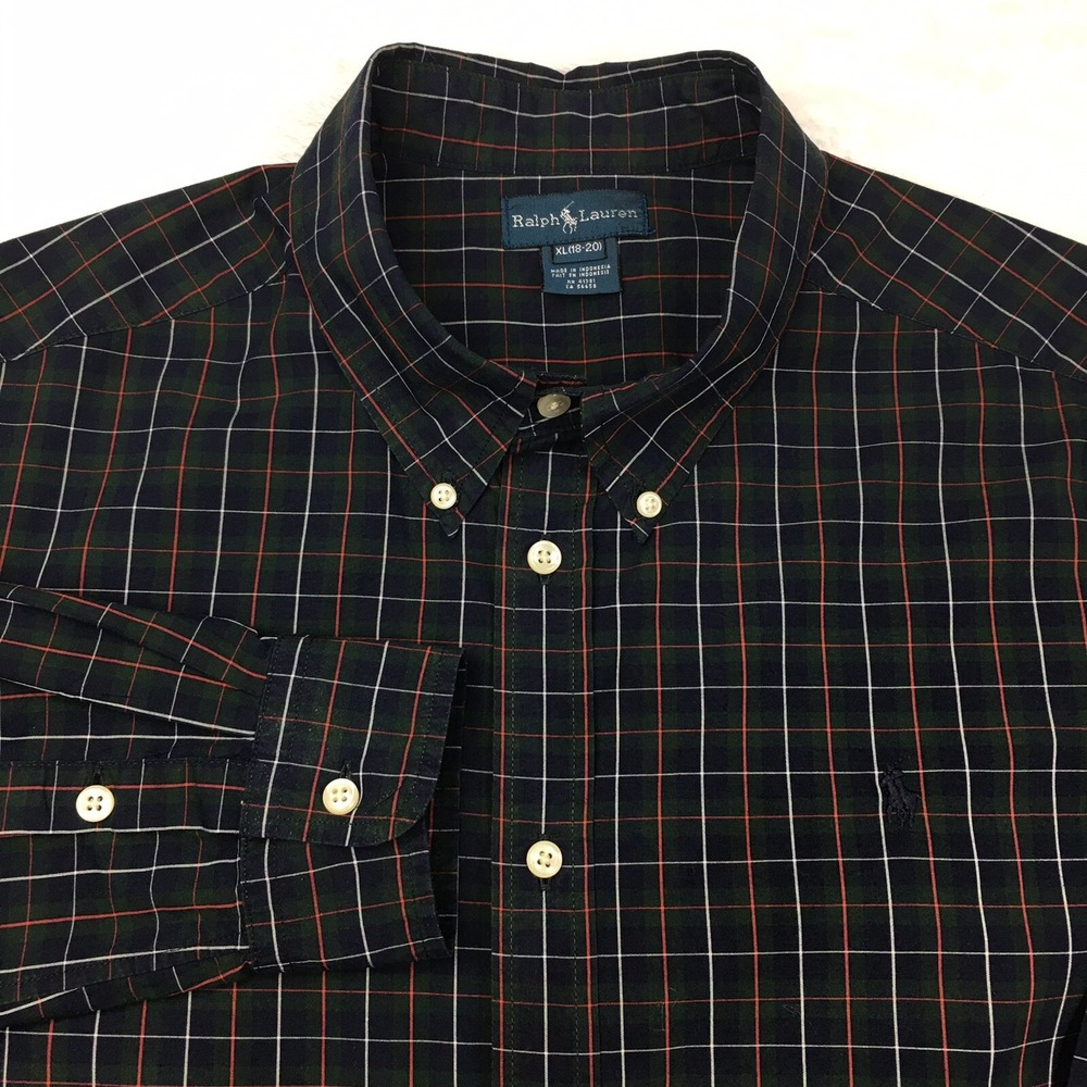 Ralph Lauren Shirt Boys XL (18-20) Navy Blue/Hunter Green Check Long Sleeves